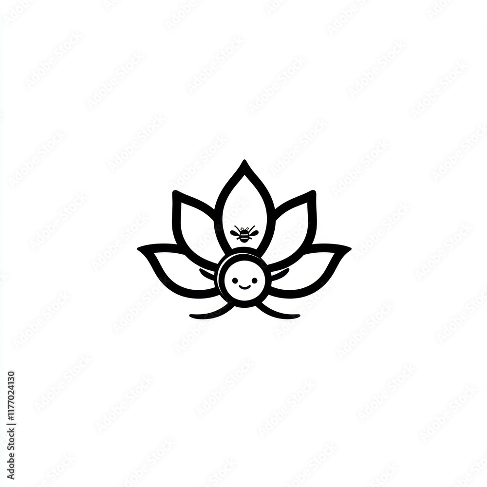 Happy bee in lotus flower, simple line art, white background, logo design Happy bee in lotus flower, simple line art, white background, logo design