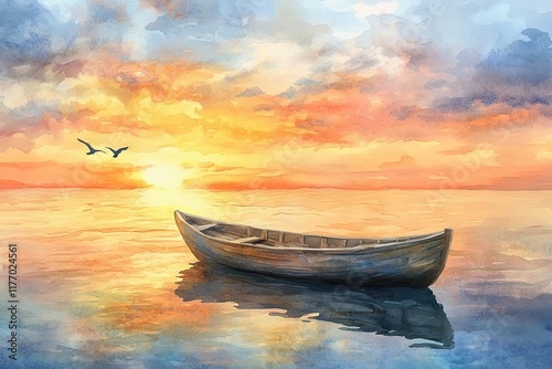 Sky sunset and boat on the water. Modern impressionism.Original oil painting on canvas.
