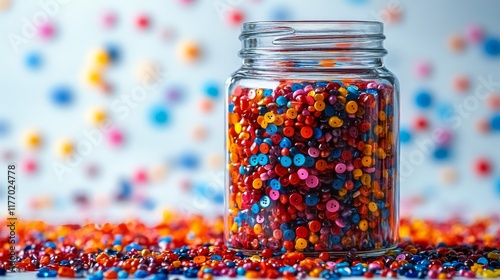 Colorful assortment of buttons in a glass jar surrounded by scattered buttons...