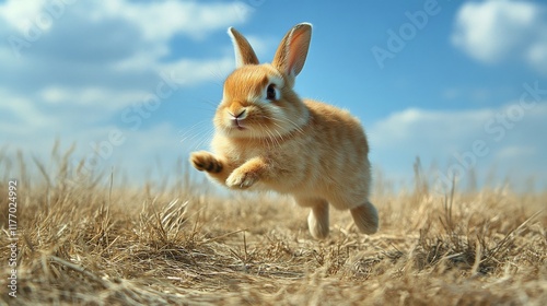 Rabbit hopping joyfully across a grassy field under a clear blue sky