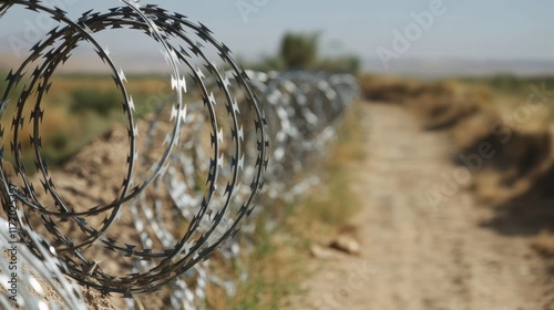 Barbed wire creates division near military checkpoints highlighting the ongoing conflict and unrest in the region