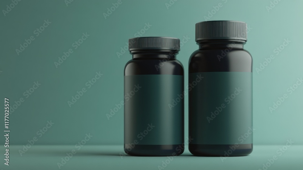 Two Black Supplement Bottles with Teal Labels Against a Teal Background Two Black Supplement Bottles with Teal Labels Against a Teal Background
