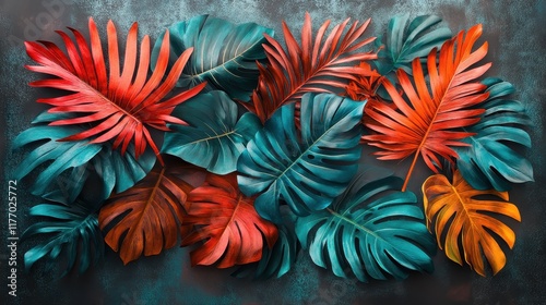 Arrangement of vibrant tropical leaves in red and teal shades on a textured background. photo