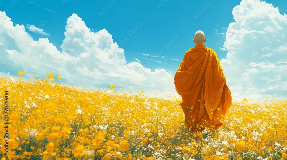 Fototapeta premium Monk Contemplating in a Yellow Flower Field