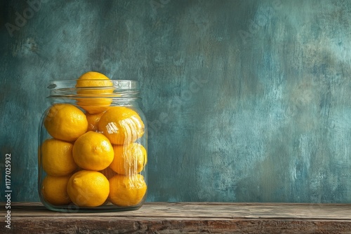 Fresh lemons in a glass jar on a wooden table with a dark background