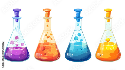 Set of flasks with chemical liquids, vector illustration isolated on a transparent background