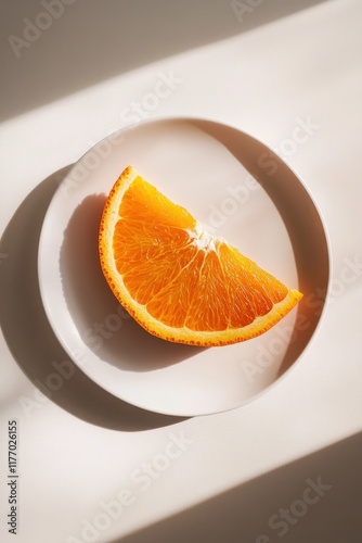 Minimalist photograph of a single orange slice on a white plate in soft sunlight. photo
