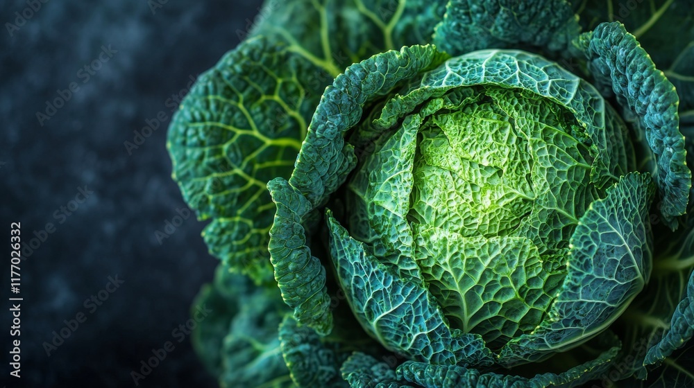 Obraz premium Fresh green cabbage and mint leaves on a dark surface with moisture droplets