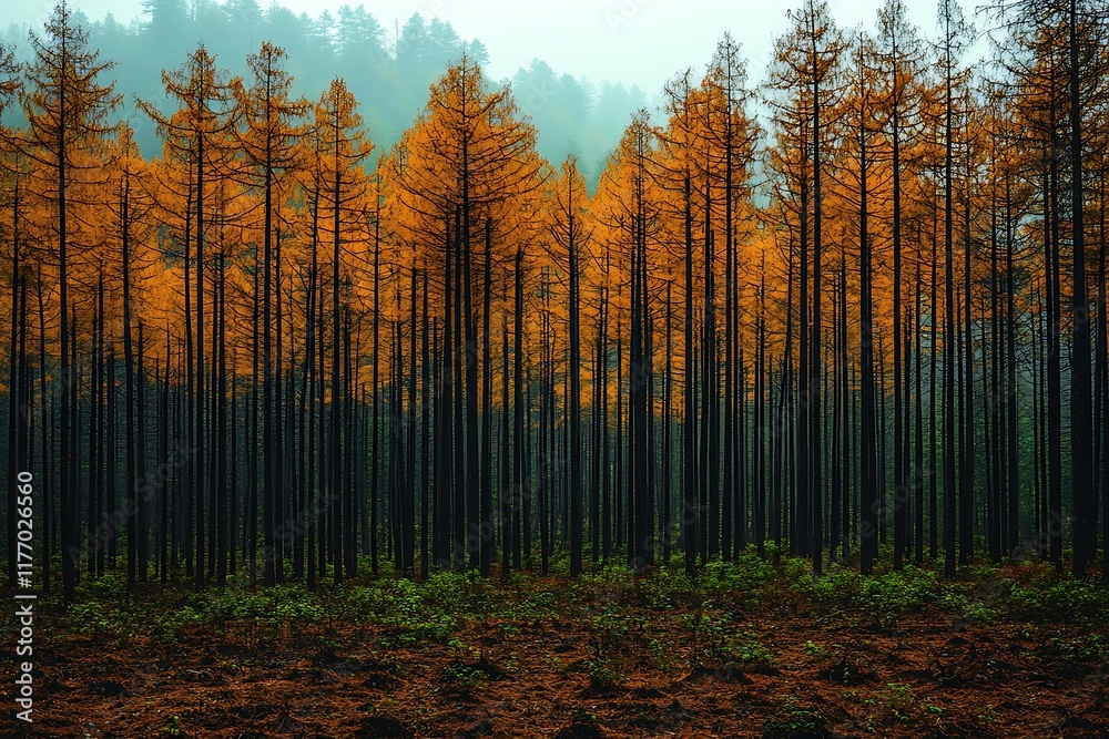 Fototapeta premium A serene autumn forest with tall trees and vibrant colors.