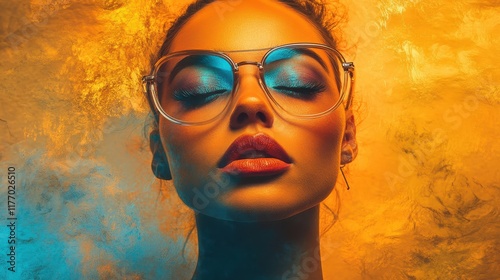 Close-up portrait of a woman with glowing face makeup and oversized glasses in artistic lighting. photo