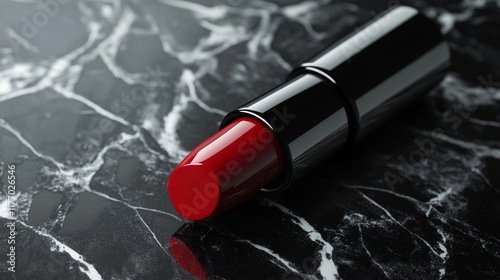 Stylish red lipstick on a marble surface showcasing vibrant color and eleganc...