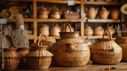 A set of elegant, medium-sized beseks with lids and handles, polished bamboo. Filled with local handicrafts, displayed in a rustic shop with wooden shelves photo