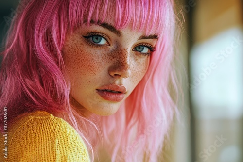 Portrait of a young woman with pink hair and freckles illuminated by soft sunlight. photo