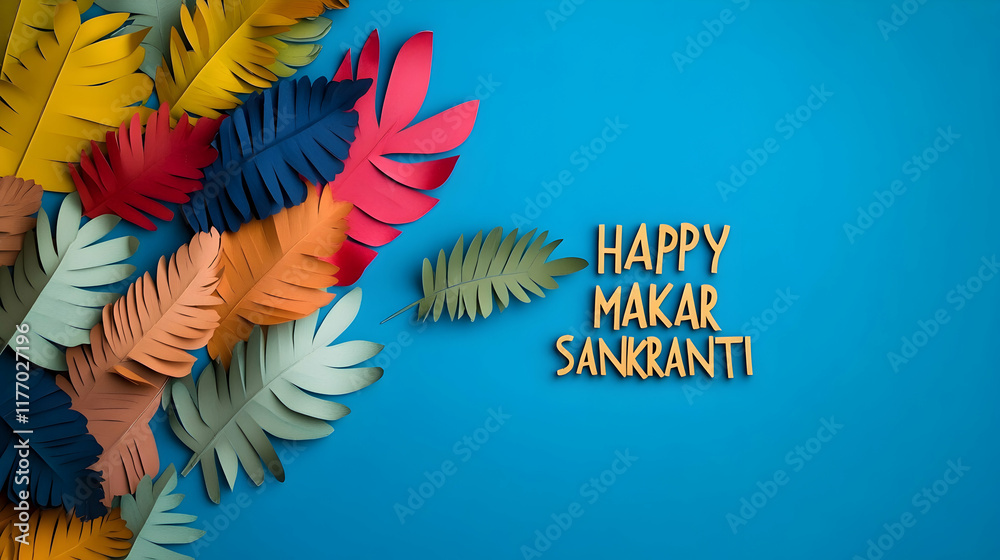 Obraz premium Colorful paper tropical leaves forming a festive border on a vibrant blue background, celebrating the joyous occasion of Makar Sankranti, a traditional Indian harvest festival