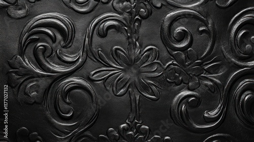 Elegant Black Embossed Leather Texture with Intricate Floral Design photo