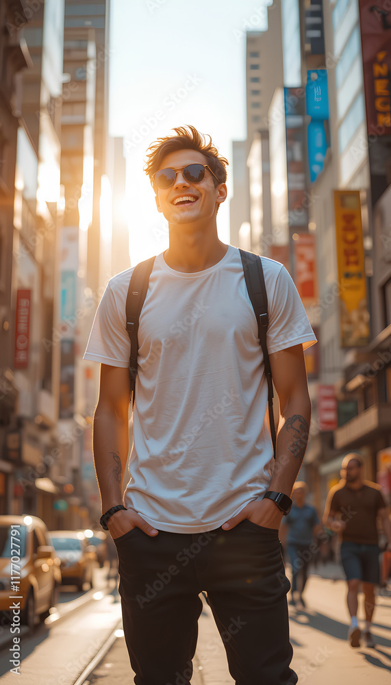 Fototapeta premium Young Man Smiling on a Busy City Street