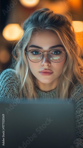 Young woman focused on laptop screen in cozy indoor setting during evening hours