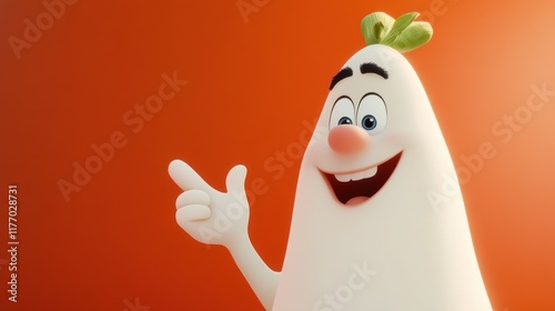 Cartoon character, radish, pointing, cheerful, digital art, animation, friendly, funny,  happy,  cute,  whimsical,  illustration,  modern,  design,  creative,  3d,  isolated,  background,  orange,  ch photo