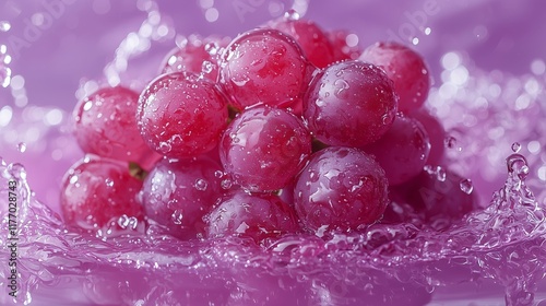Fresh grapes with splashes of grapes juice,dynamic and energetic food art style.Generative AI illustration