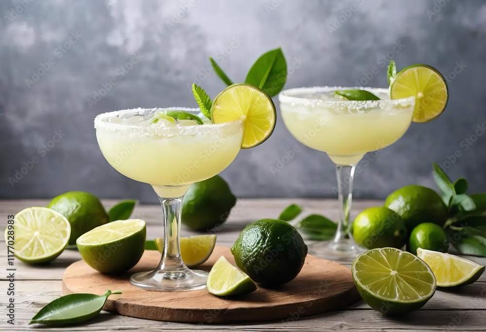 A close-up of two margarita cocktails with lime and leaves on a wooden table