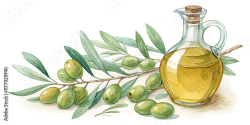 Elegant Watercolor Illustration of Olive Oil with Olives Isolated on a White Background for Culinary Presentation photo