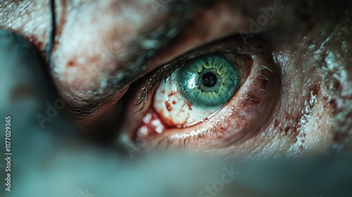 A close-up of an intense eye with red markings and dirt conveys a gritty, dramatic atmosphere, suggesting themes of survival and resilience in tough conditions. photo