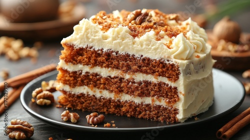 Deliciously layered cake with creamy frosting and walnut topping on wooden se...