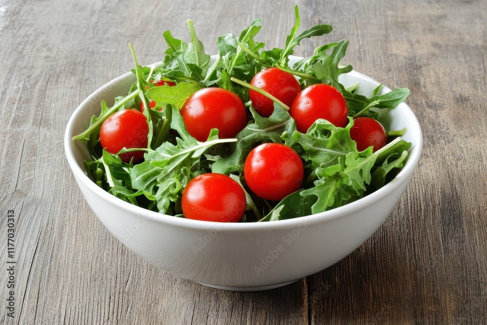 Fresh salad of cherry tomatoes and arugula in a white bowl on a wooden surface. Fresh salad of cherry tomatoes and arugula in a white bowl on a wooden surface.