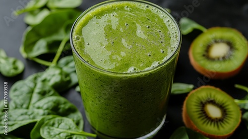 Fresh green smoothie with kiwi and spinach surrounded by ingredients in a rus...