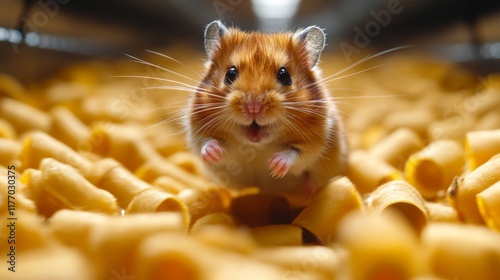Curious hamster exploring a shiny tunnel in a cozy indoor environment during ...