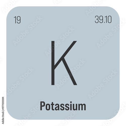 Potassium, K, periodic table element with name, symbol, atomic number and weight. Alkali metal with various industrial uses, such as in fertilizer, soap, and as a medication for certain medical