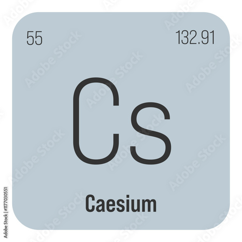Caesium, Cs, periodic table element with name, symbol, atomic number and weight. Alkali metal with limited industrial uses, but commonly used in atomic clocks and as a source of gamma radiation for