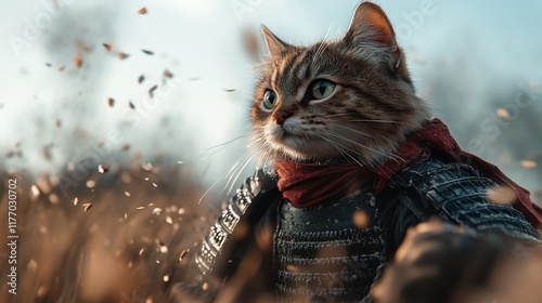 An armored cat stands in a field, wrapped in the colors of autumn, exuding a sense of wonder and boldness, as if ready for an epic journey through nature's embrace. photo