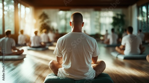 A group of individuals participating in a meditation session, sitting cross-legged in a tranquil room bathed in sunlight, conveying peace and mindfulness with serene energy.