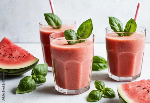 A red smoothie in a glass with a sprig of fresh basil on top