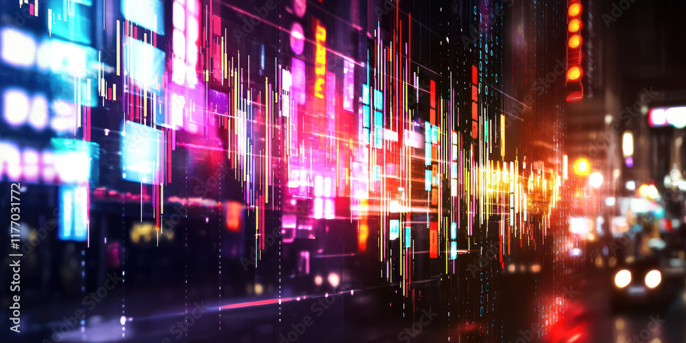 Obraz premium Vibrant digital visualization showcasing colorful data patterns and lights
