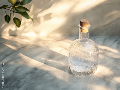 Minimalist glass bottle casting intricate shadows on a marble surface under soft sunlight. photo