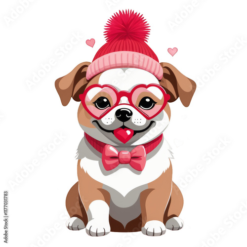 a dog wearing heart-shaped glasses and a pink hat, transparent background 