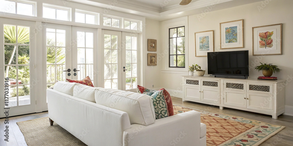 Obraz premium Stylish White Sofa in a Bright Modern Living Room with TV for Contemporary Interior Design