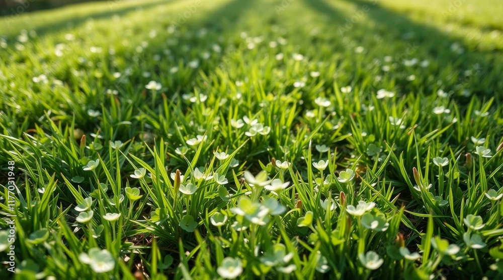 Lawn grass and clover patches viewed from low angle with soft pastel colors and bright sunlight creating a soothing aesthetic Lawn grass and clover patches viewed from low angle with soft pastel colors and bright sunlight creating a soothing aesthetic