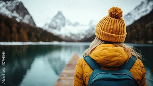 An explorer in a yellow jacket stands at the dock of a tranquil mountain lake, surrounded by beautiful snowy peaks, illustrating adventure and contemplation. photo