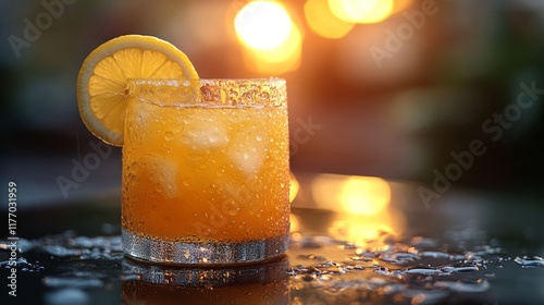 Refreshing citrus drink with ice and lemon slice during sunset in a garden se...