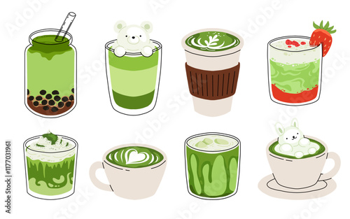 Set of Japan matcha latte. Collection of matcha drinks with latte art heart, leaf, bear, cat. Green iced matcha latte in various cups. Vector Illustration, flat cartoon Icons.