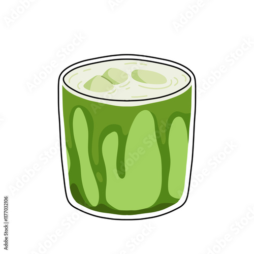 Set of Japan matcha latte. Collection of matcha drinks with latte art heart, leaf, bear, cat. Green iced matcha latte in various cups. Vector Illustration, flat cartoon Icons.