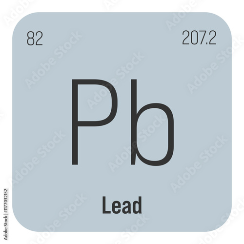 Lead, Pb, periodic table element with name, symbol, atomic number and weight. Heavy metal with various industrial uses, such as in batteries, plumbing, and as a component of certain alloys.