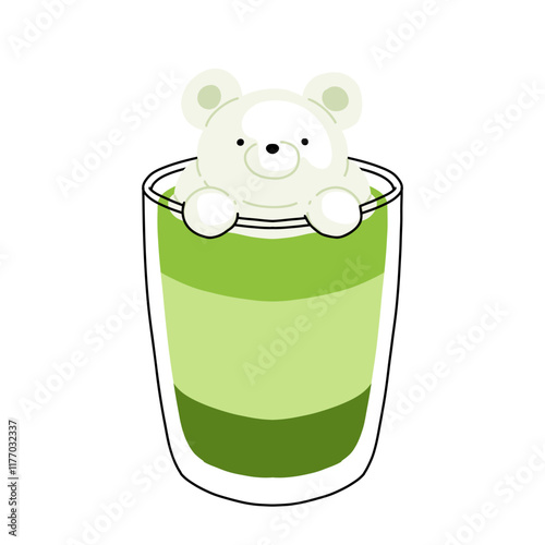 Set of Japan matcha latte. Collection of matcha drinks with latte art heart, leaf, bear, cat. Green iced matcha latte in various cups. Vector Illustration, flat cartoon Icons.