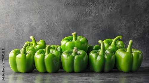 Fresh green bell peppers arranged neatly on a dark stone surface for culinary...