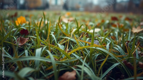 Thick carpet of grass under drizzling rain in a tranquil autumn landscape with warm earthy tones