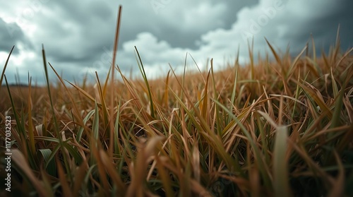 Dramatic storm clouds loom over a lush lawn grass carpet, showcasing natural earth tones in a tense atmospheric landscape