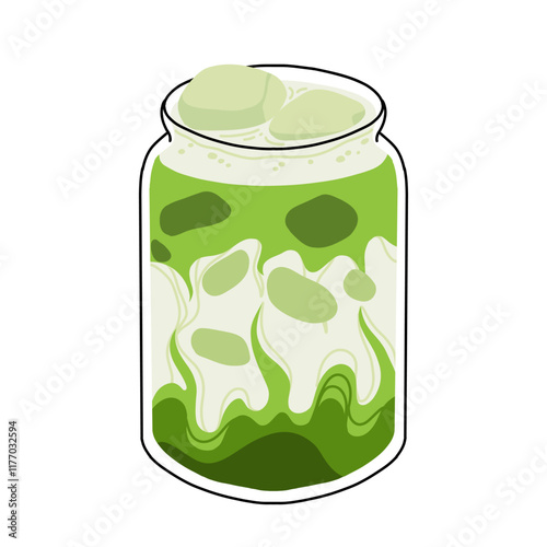 Set of Japan matcha latte. Collection of matcha drinks with latte art heart, leaf, bear, cat. Green iced matcha latte in various cups. Vector Illustration, flat cartoon Icons.